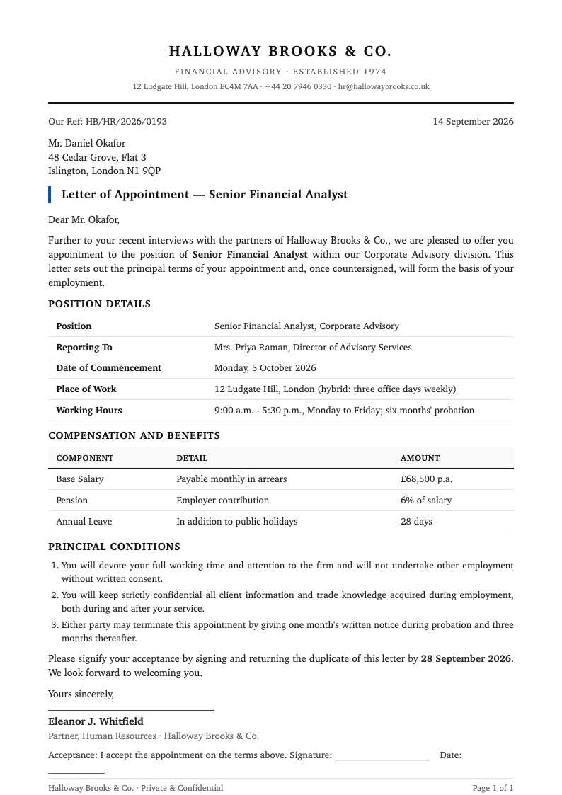 Classic professional appointment letter